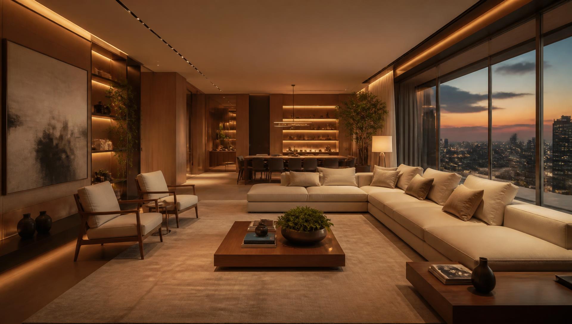 Sala de estar de apartamento de alto padrão ao anoitecer